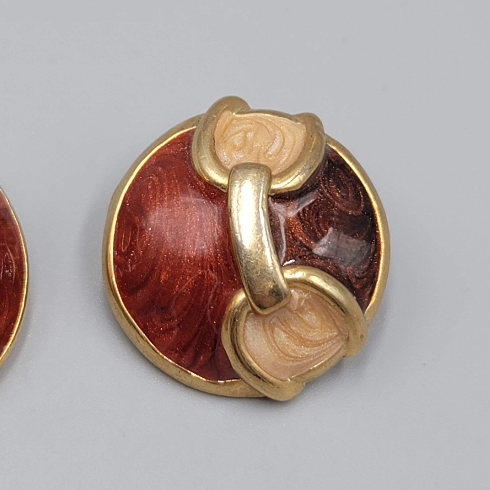 Vintage Pierced Earrings Red Brown Enamel Gold tone Dome 1"