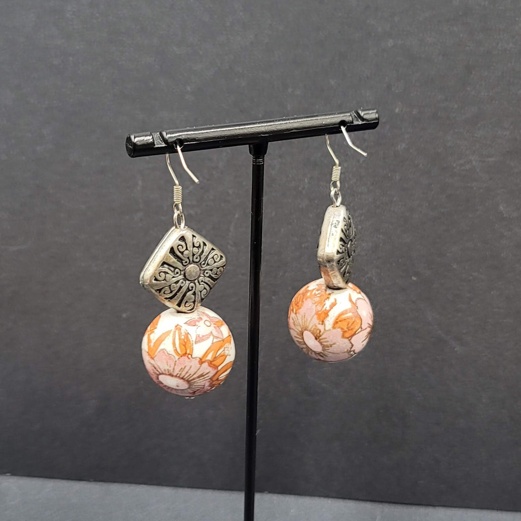 Pierced Earrings Silver tone Hand Painted Floral Pottery Bead  1.5"