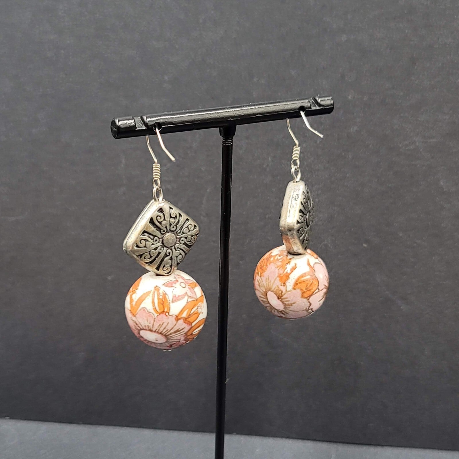 Pierced Earrings Silver tone Hand Painted Floral Pottery Bead  1.5"