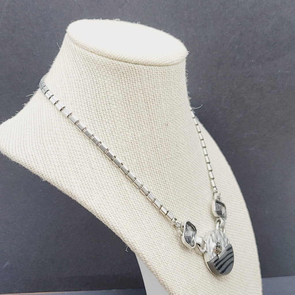Silver tone Necklace Signed Unknown Brand Gray Black Glass Accents 17" - 19.5"