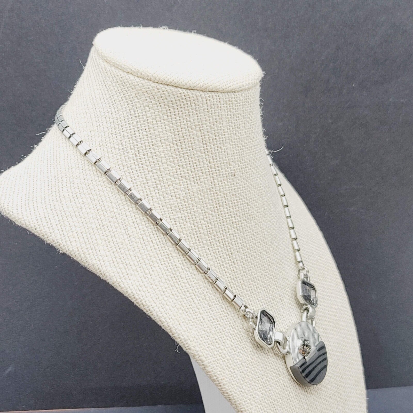 Silver tone Necklace Signed Unknown Brand Gray Black Glass Accents 17" - 19.5"