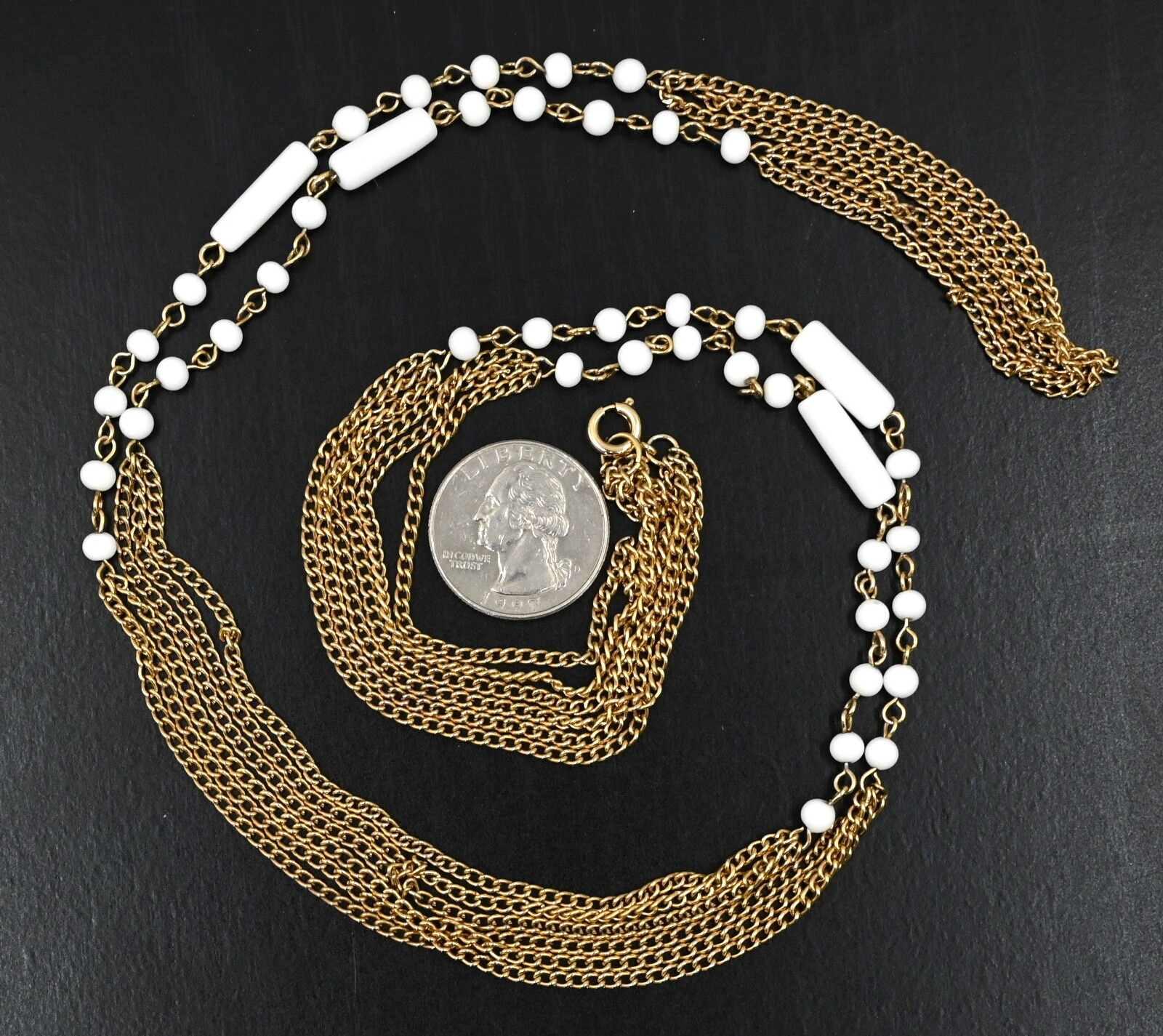 Vintage Gold tone Chains White Glass Beads Necklace Estate Jewelry Long 46"