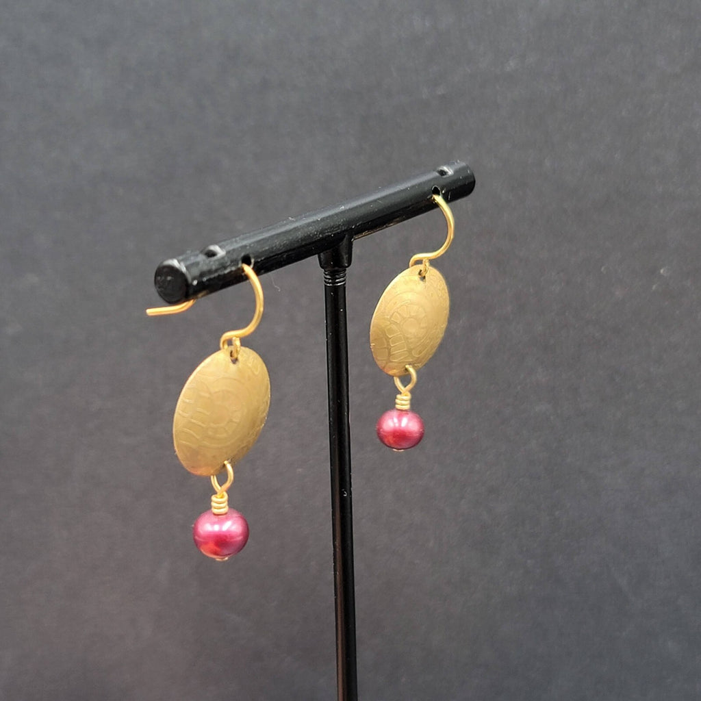Pierced Earrings Brushed Gold Plated Embossed Disk Red Bead 1"