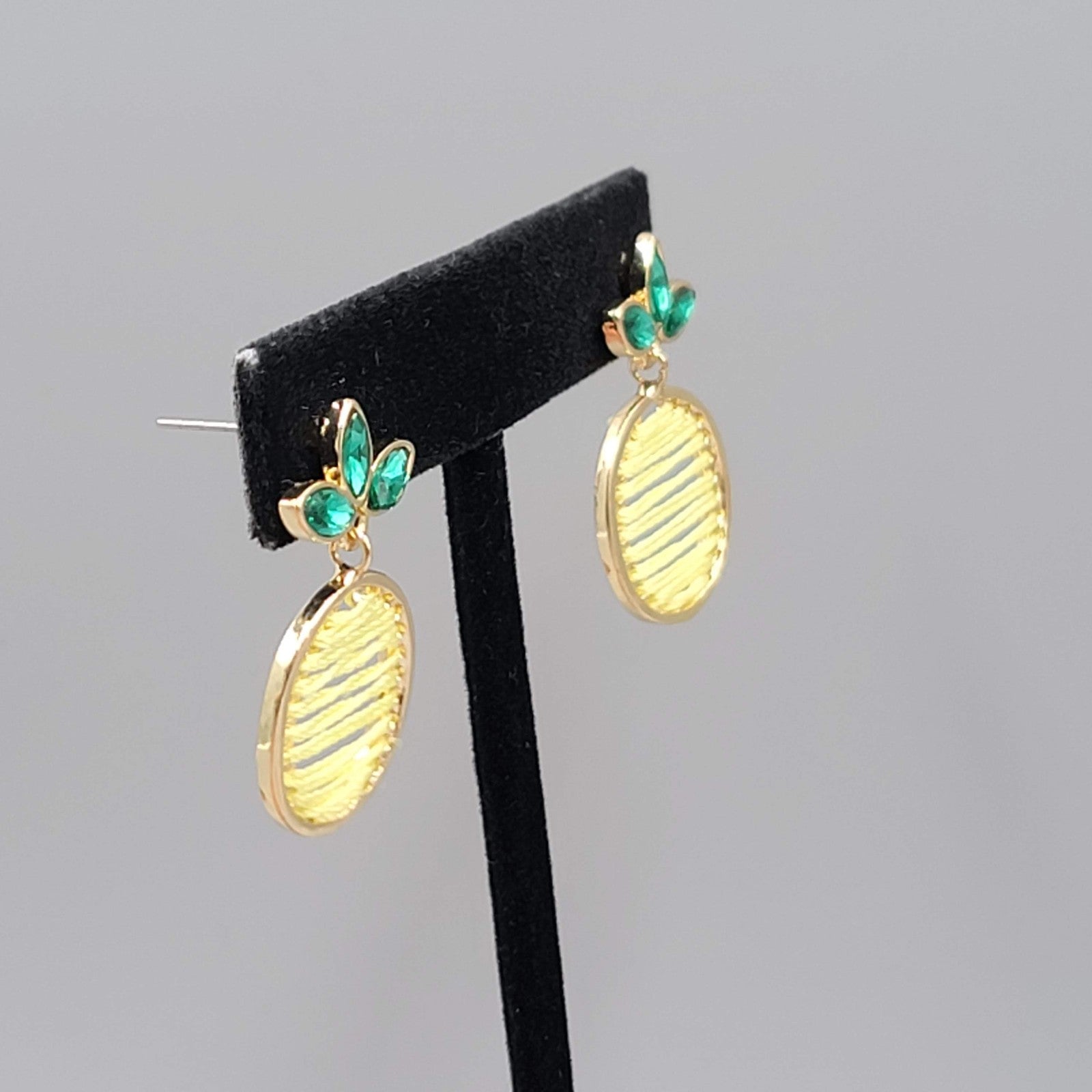 Pineapple Pierced Earrings Gold tone Green Rhinestone Yellow Thread Dangle 1.25"