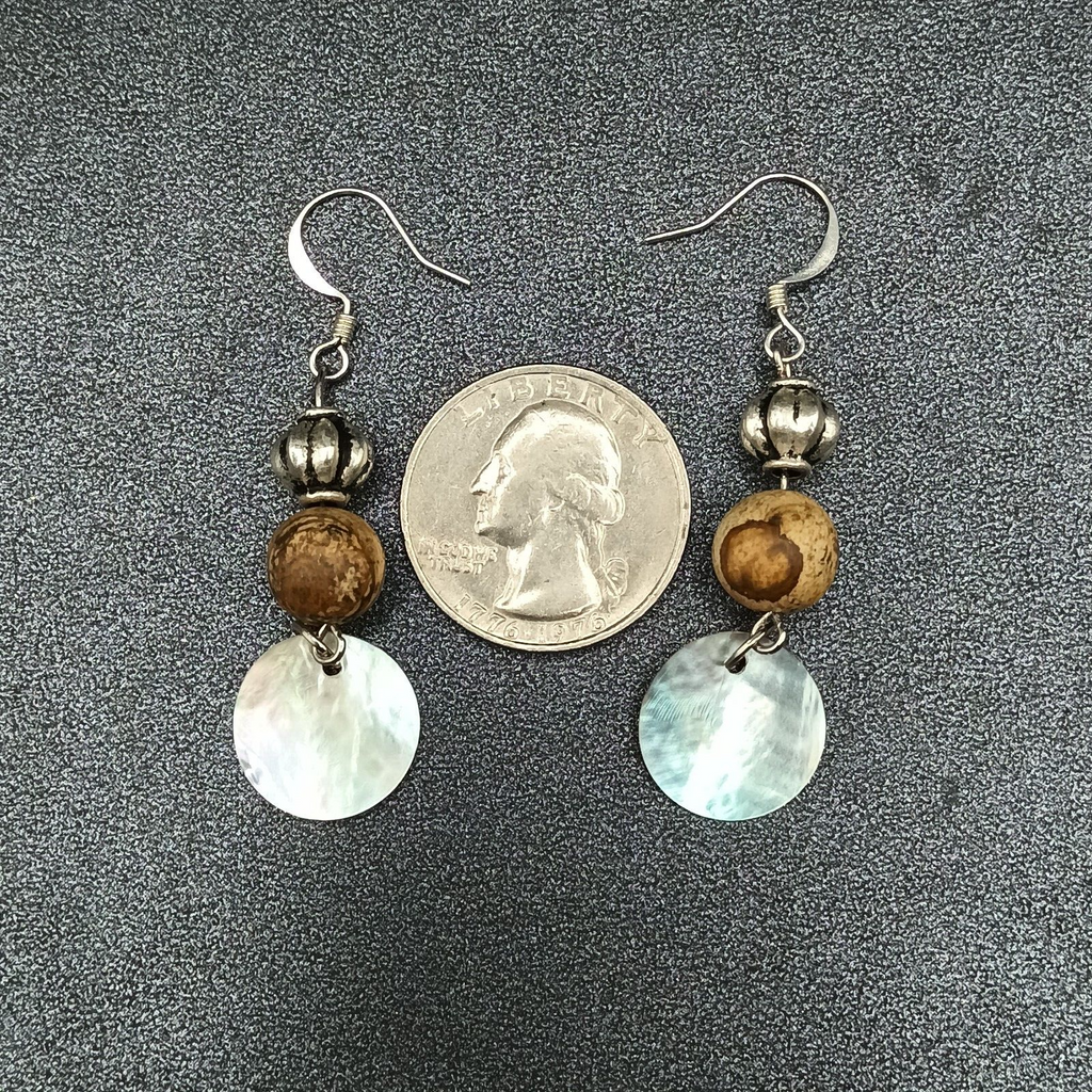 Pierced Earrings Silver tone Beaded Shell Statement Dangle 1 1/2"