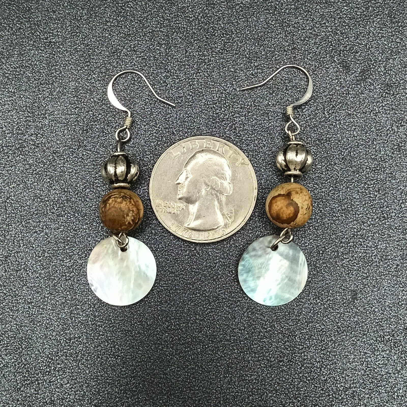 Pierced Earrings Silver tone Beaded Shell Statement Dangle 1 1/2"