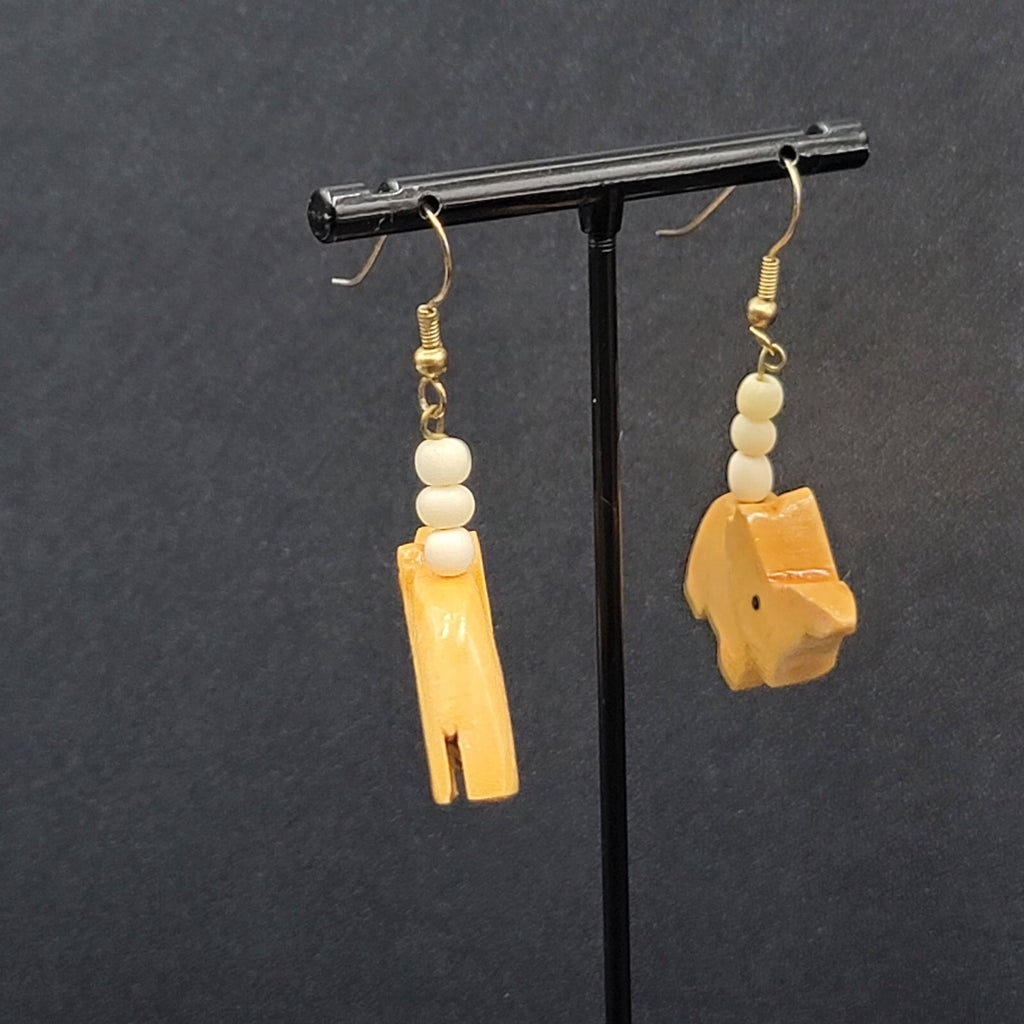 Vintage Pierced Earrings Solid Wood Hand Carved Elephant Dangle 1.5"