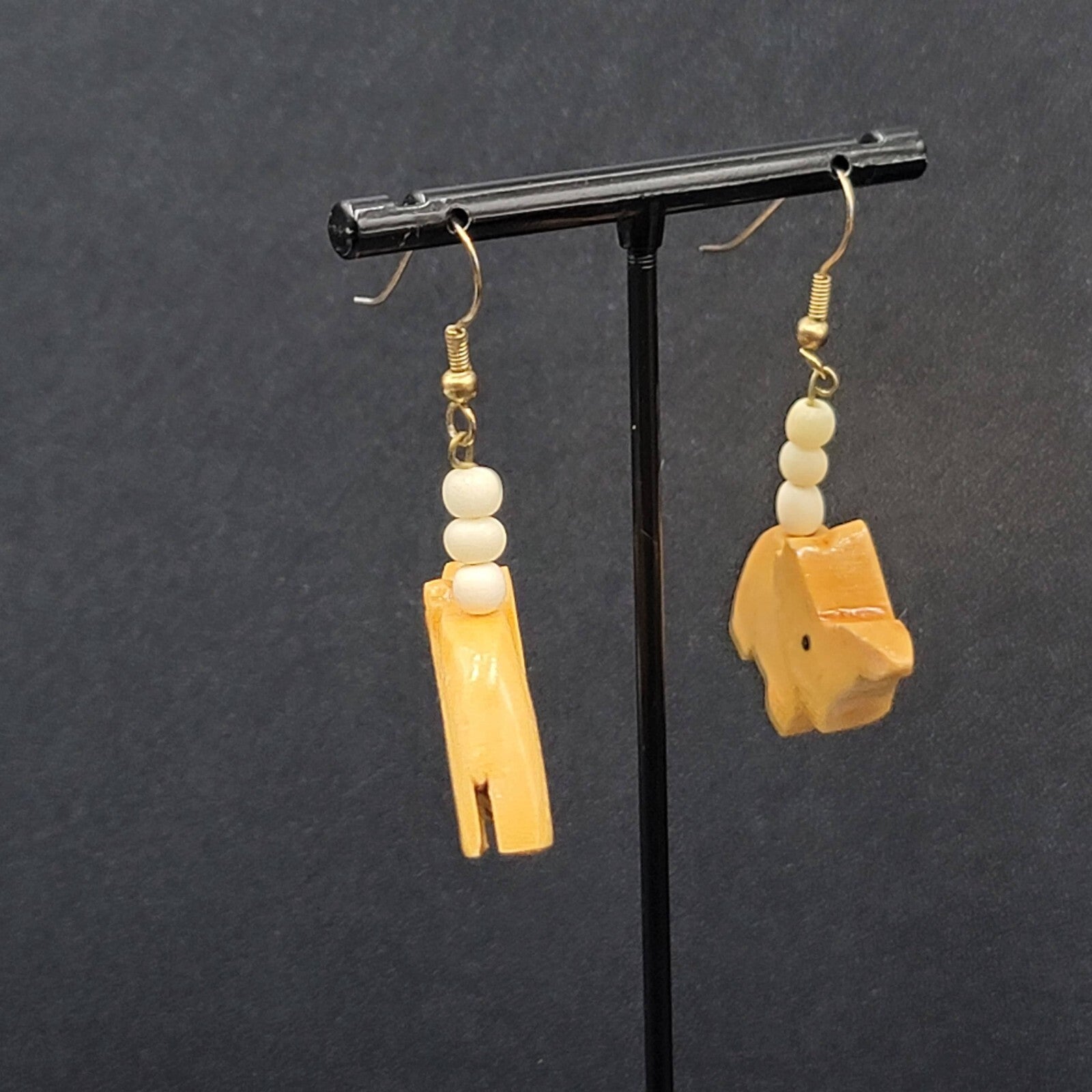 Vintage Pierced Earrings Solid Wood Hand Carved Elephant Dangle 1.5"
