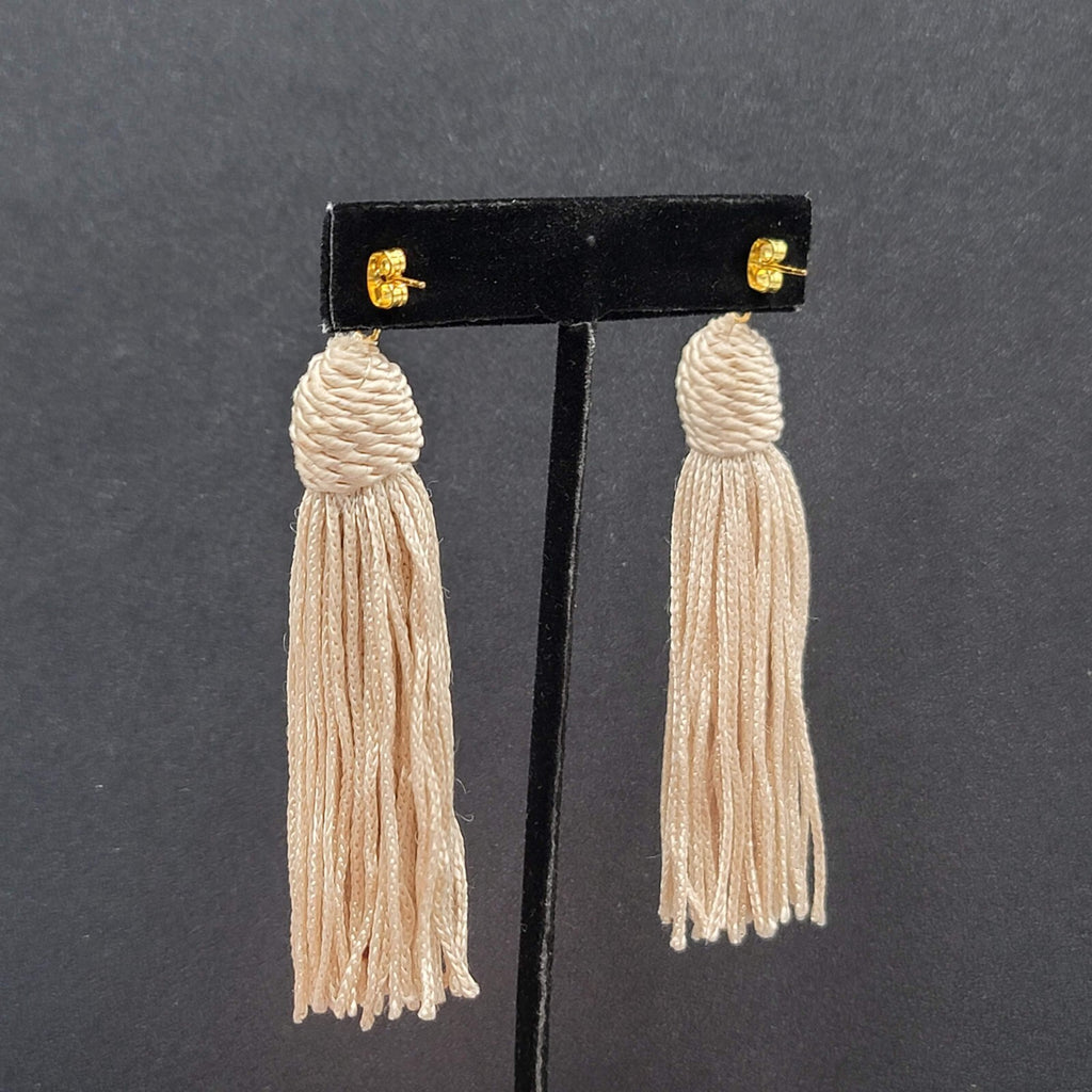 Pierced Earrings Gold tone Off White String Tassel Statement Dangle 3"