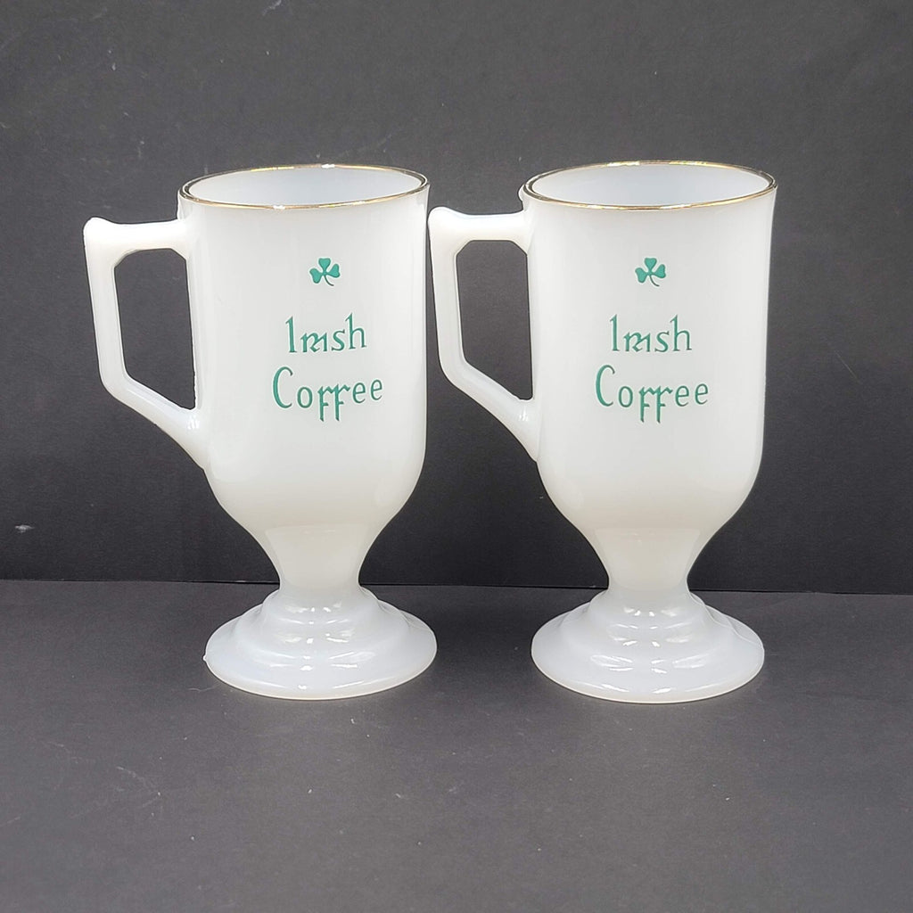 Irish Coffee Milk Glass Pedestal Cup Mugs White Green Barware Set Of 2!