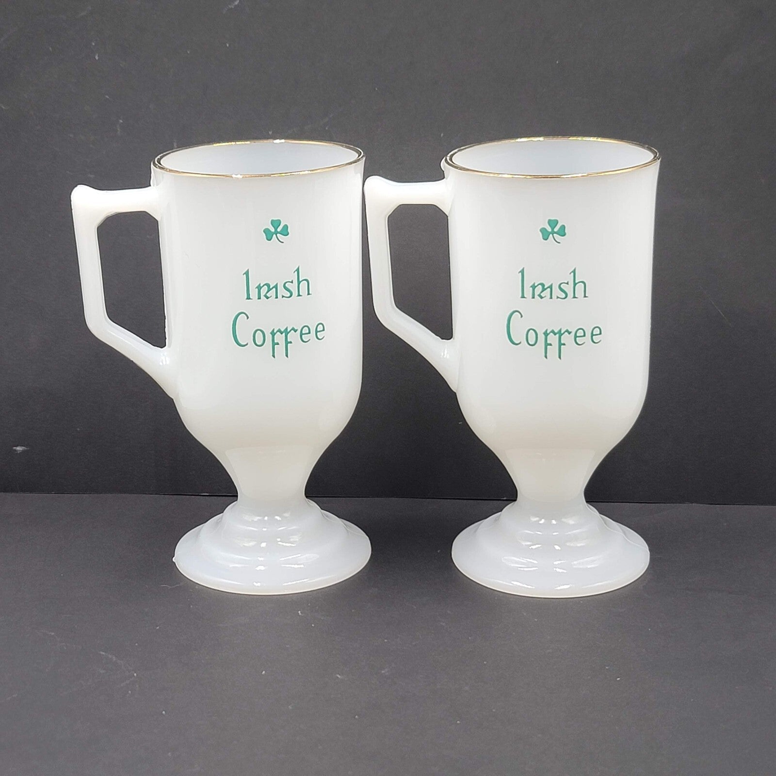 Irish Coffee Milk Glass Pedestal Cup Mugs White Green Barware Set Of 2!