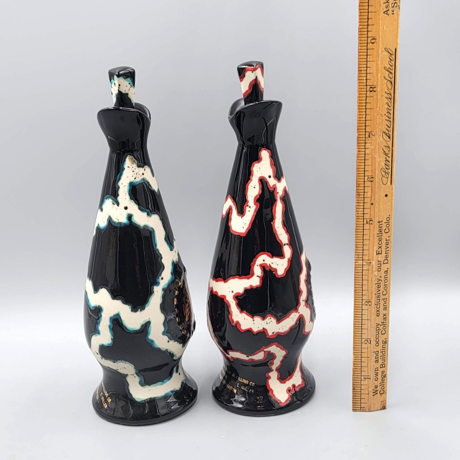 Vintage 1981 Jim Beam Regal China Lightning Paperweight Pair Black Red Teal