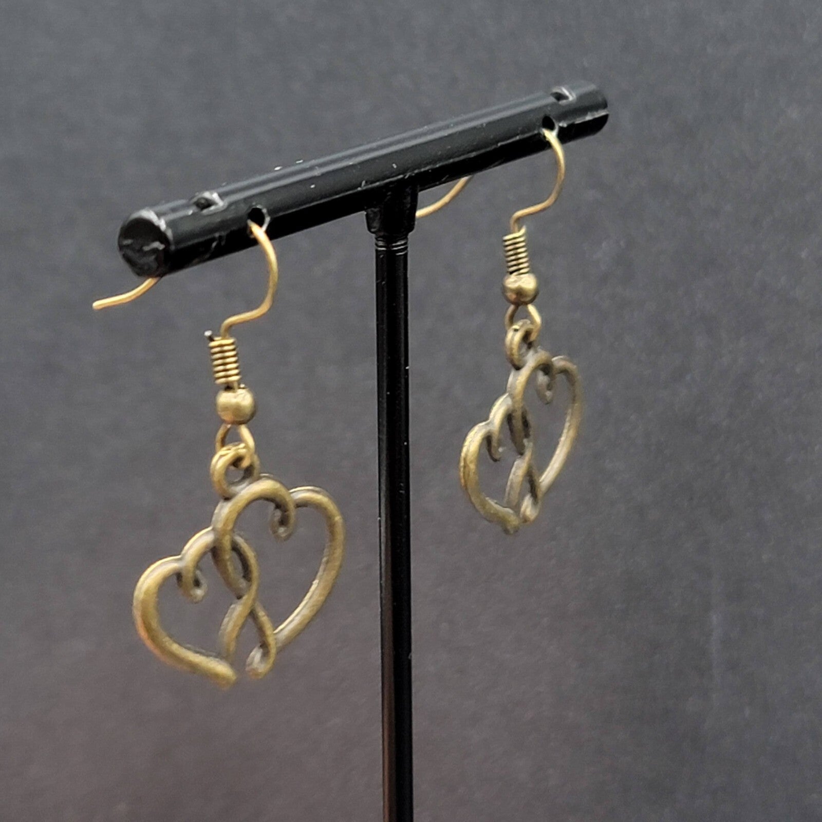 New Double Open Hearts Pierced Earrings Bronze tone Dangle 3/4"