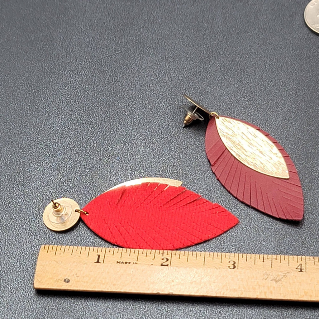 Pierced Earrings Gold tone Large Statement Red Fringe Dangle 2 7/8"