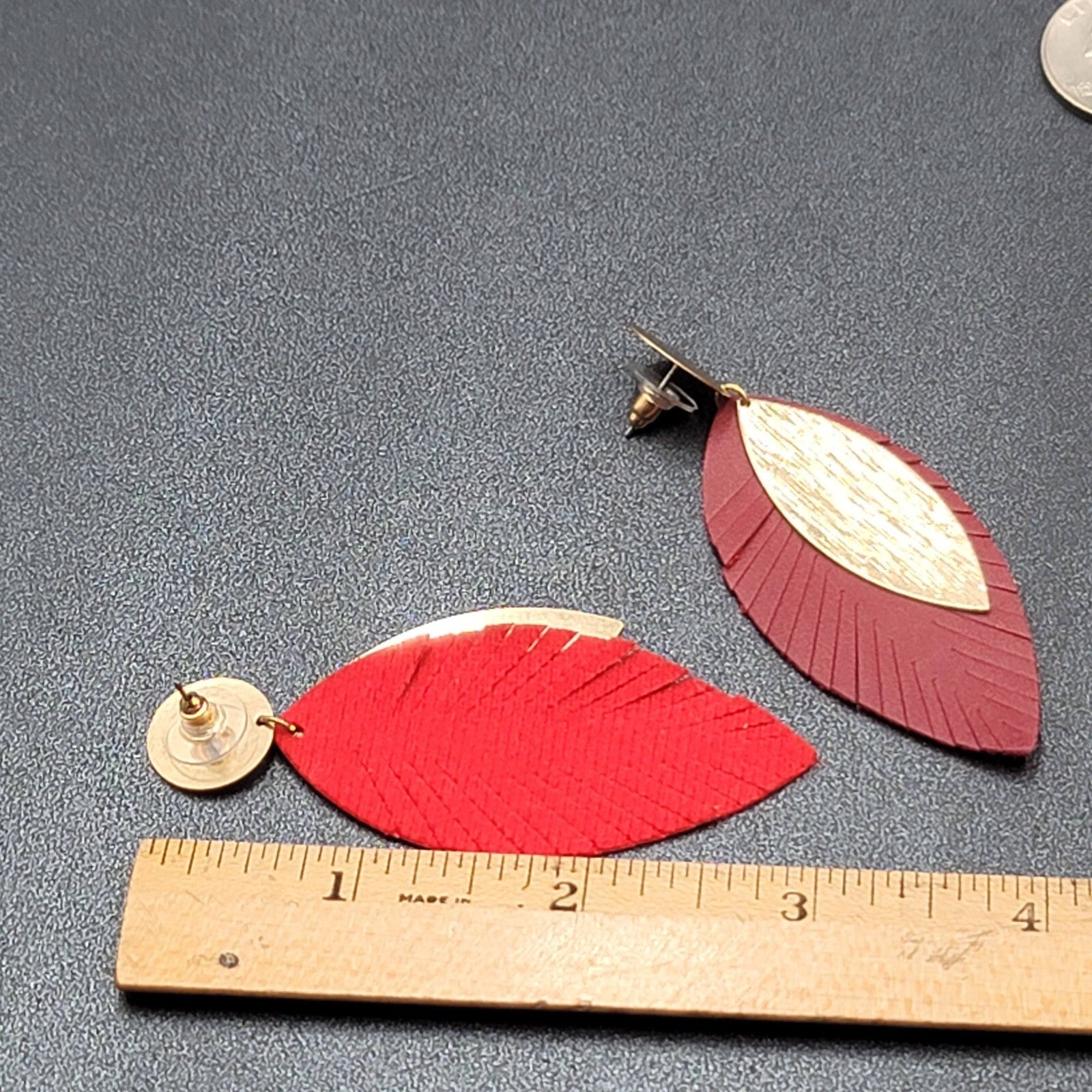 Pierced Earrings Gold tone Large Statement Red Fringe Dangle 2 7/8"