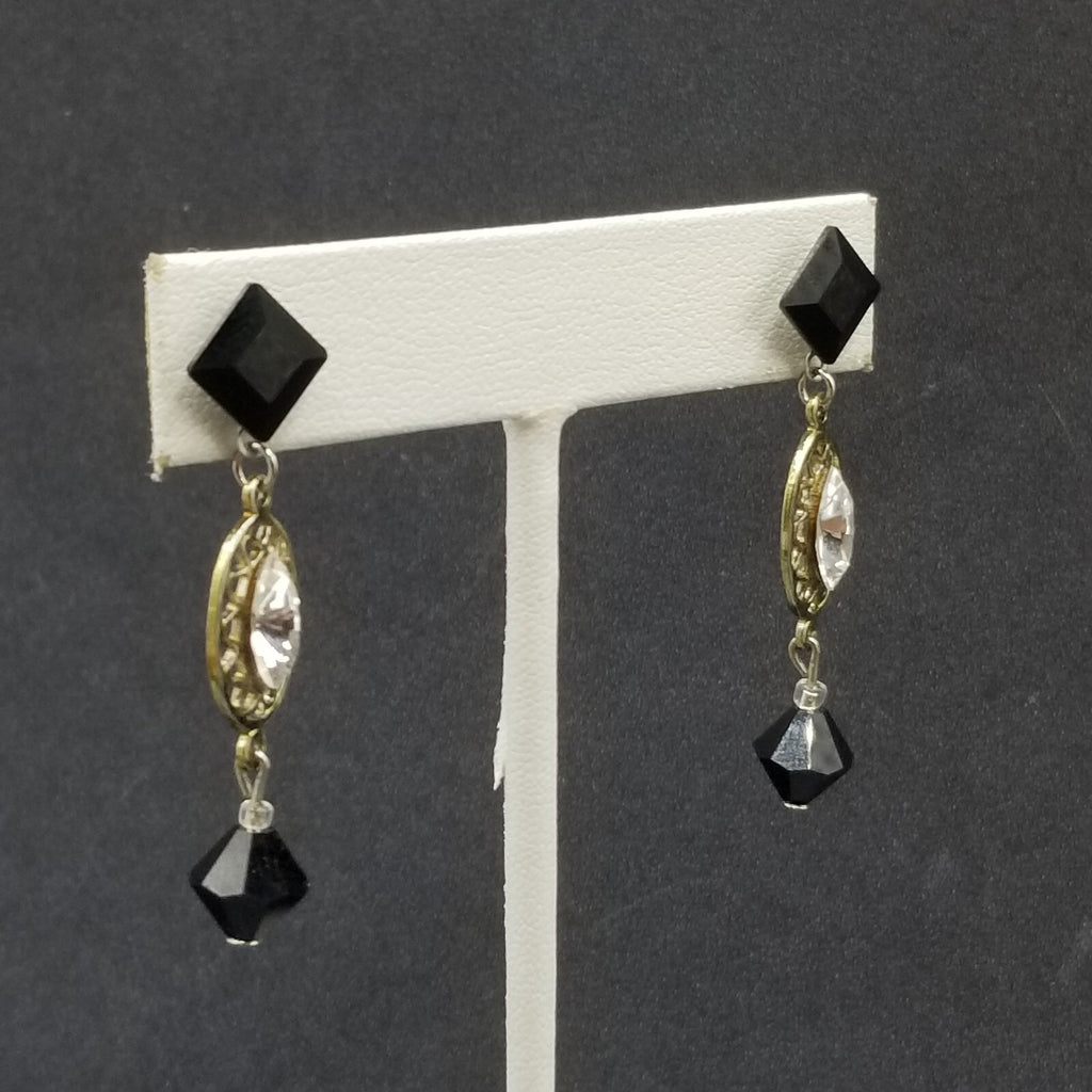 Pierced Earrings Silver tone Open Work Black Clear Faceted Crystal Dangle 1 3/4"