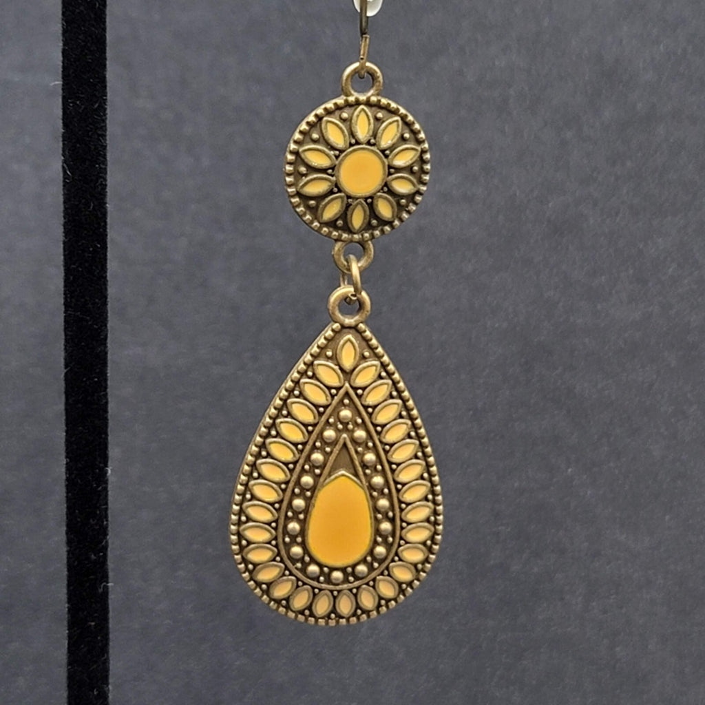 New Boho Pierced Earrings Antiqued Gold tone Lt Orange Enamel Teardrop Dangle 2"