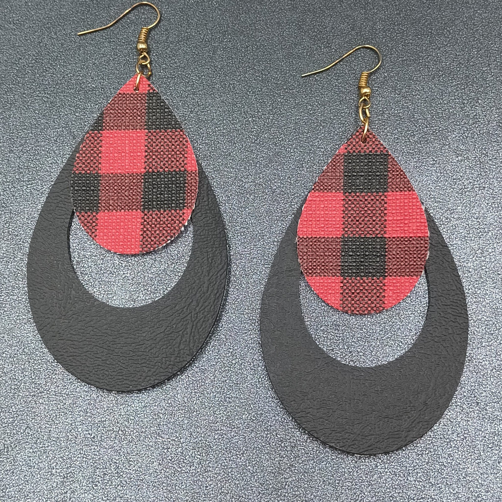 Pierced Earrings Red Black Plaid Faux Leather Teardrop Dangle 3 1/8"
