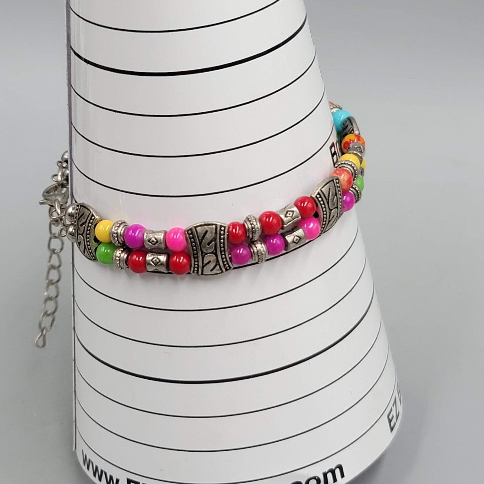 Bright Multicolor Bead Bracelet Silver tone Adjustable 7" - 8"