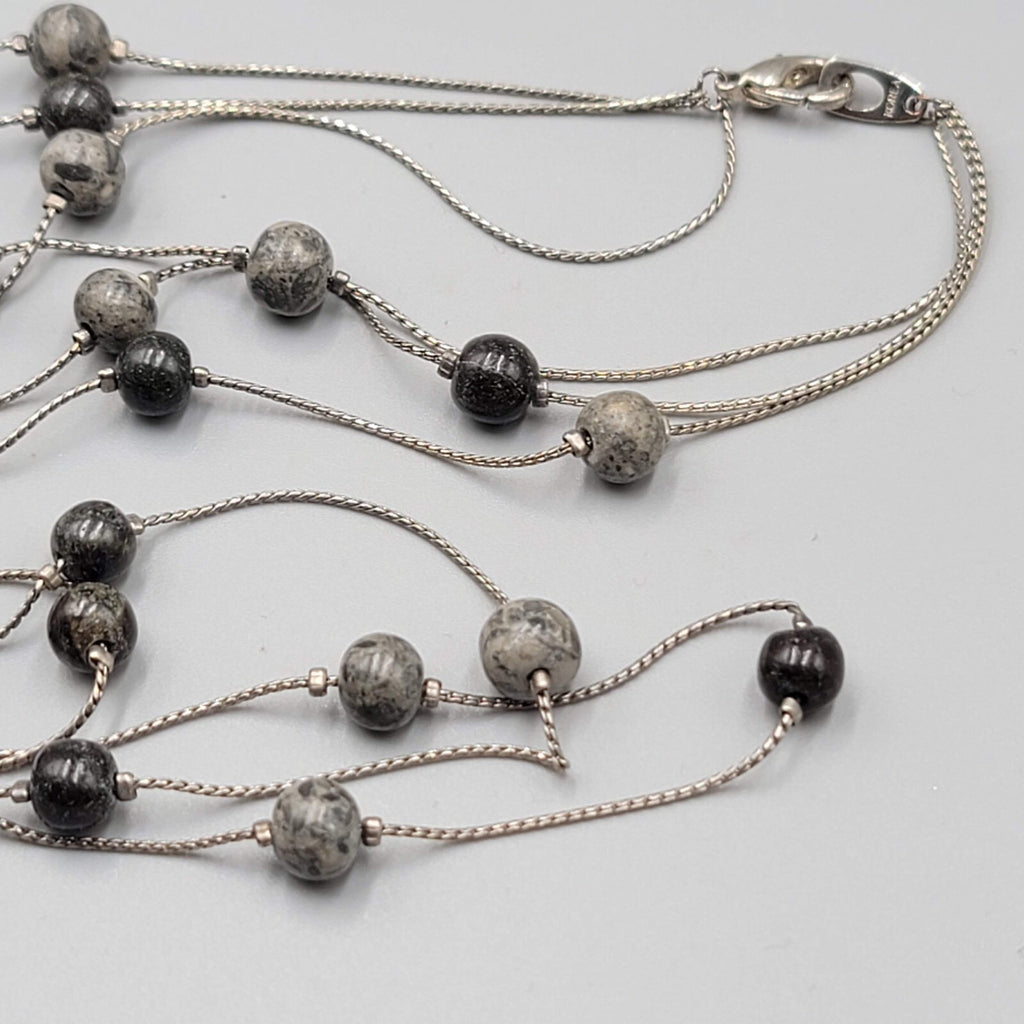Triple Layer Gray Black Stone Station Bead Necklace Silver tone 16"