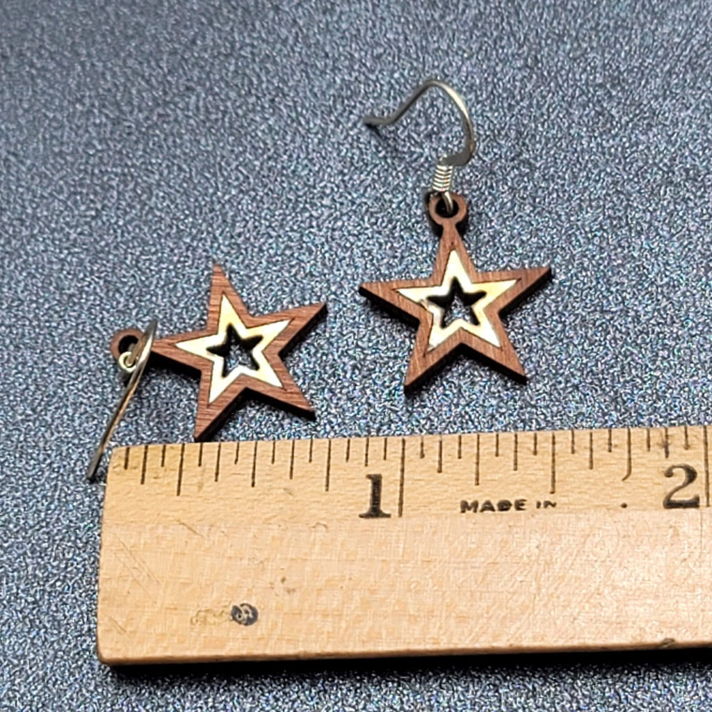 Star Pierced Earrings Wood Dangle 3/4"