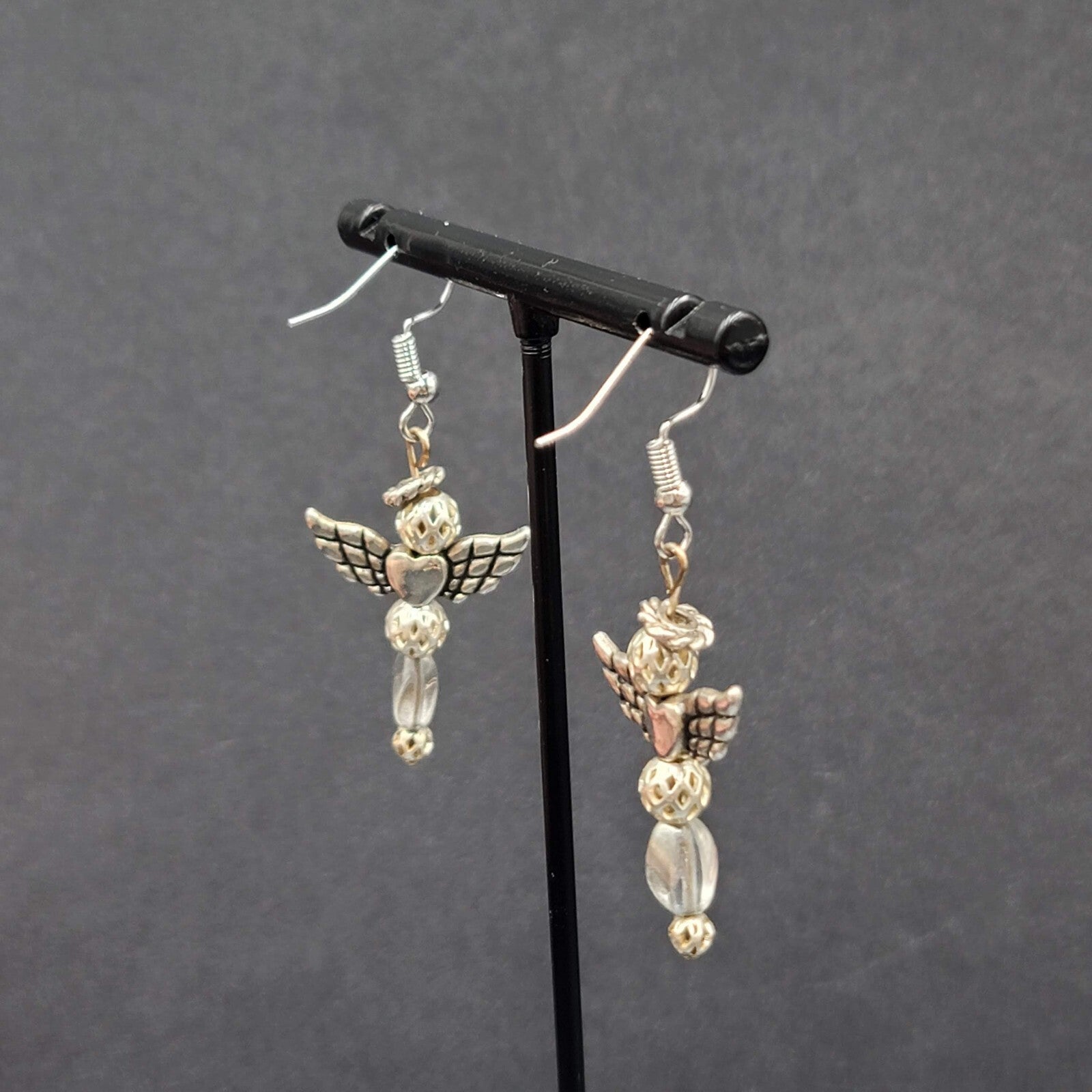 Vintage Angel Pierced Earrings Silver tone Bead Dangle 1.5"