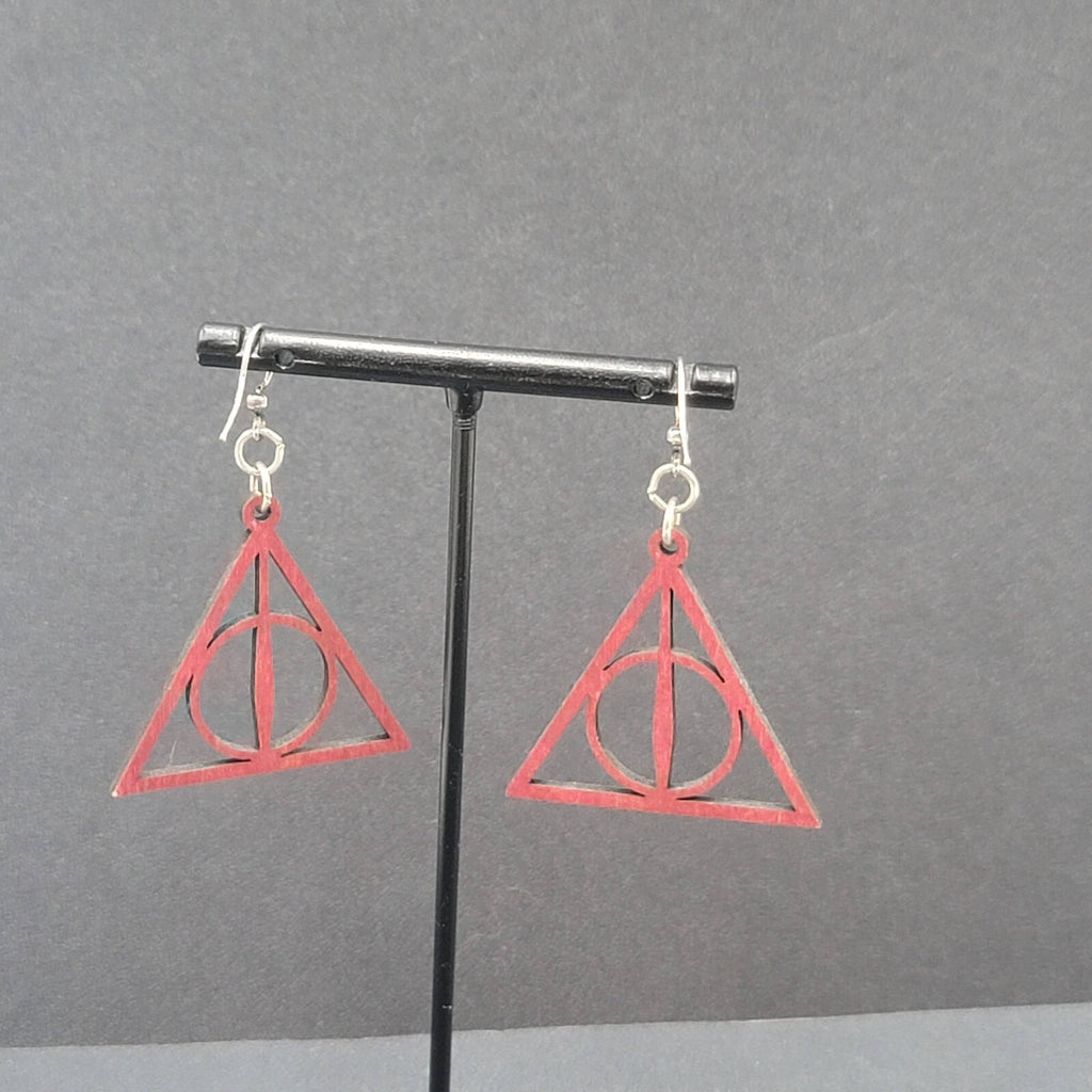 Deathly Hallows Pierced Earrings Harry Potter Wood Laser Cut Burgundy Red 1.25"