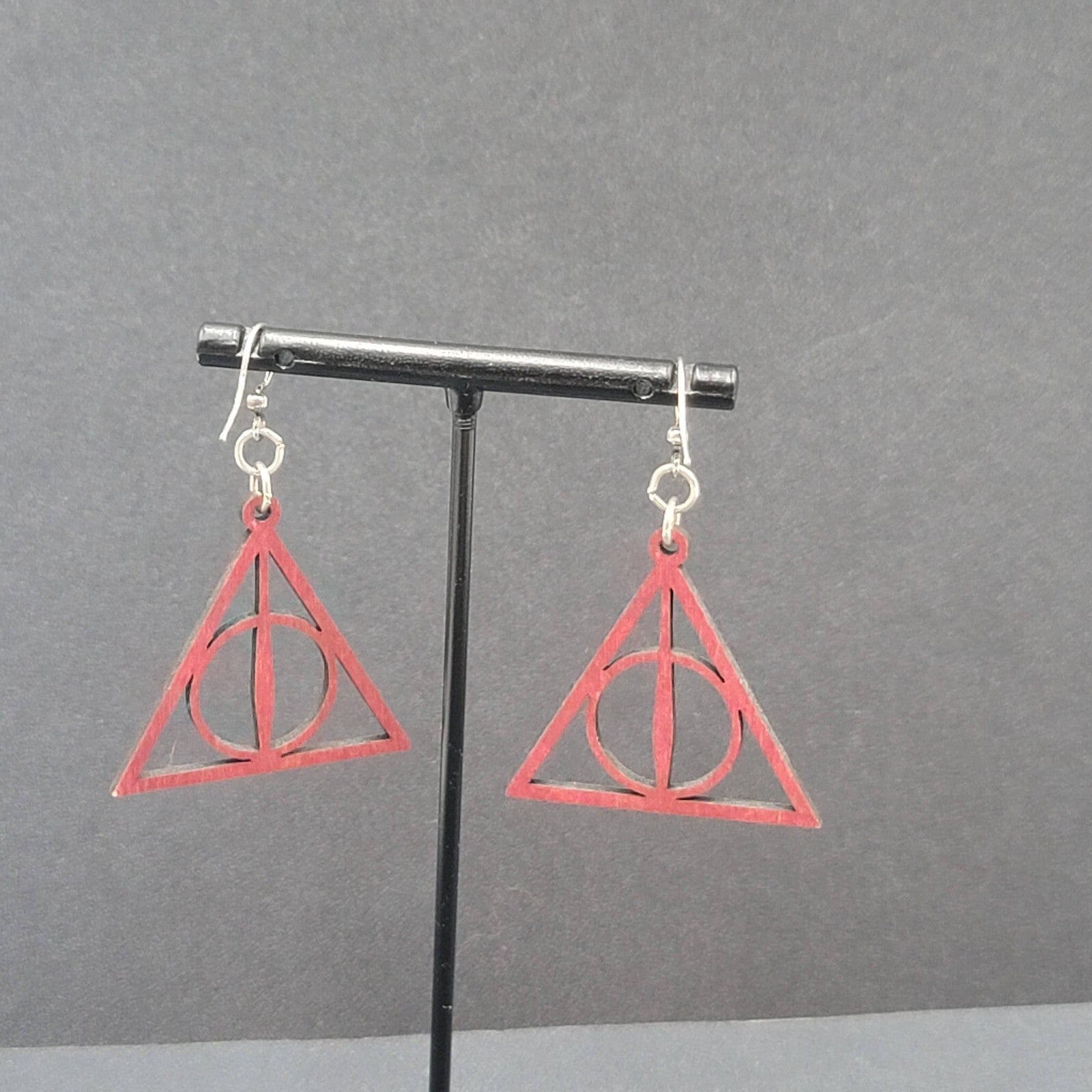 Deathly Hallows Pierced Earrings Harry Potter Wood Laser Cut Burgundy Red 1.25"