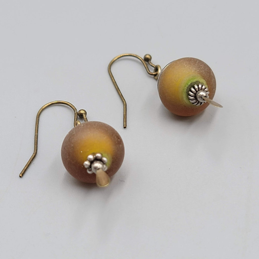 Glass Bead Pierced Earrings Bronze tone & Silver tone Dangle 1"