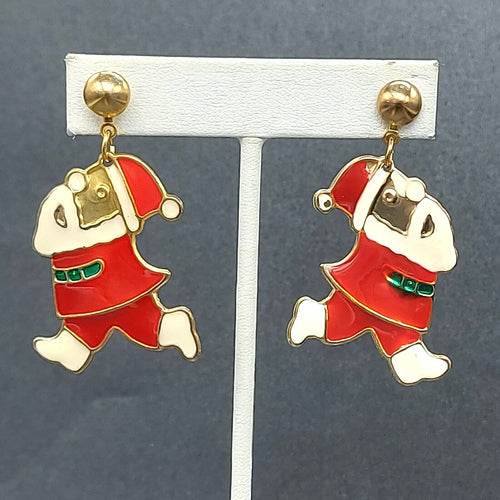 Christmas Pierced Earrings Gold tone Red Enamel Santa Claus 1 1/2"