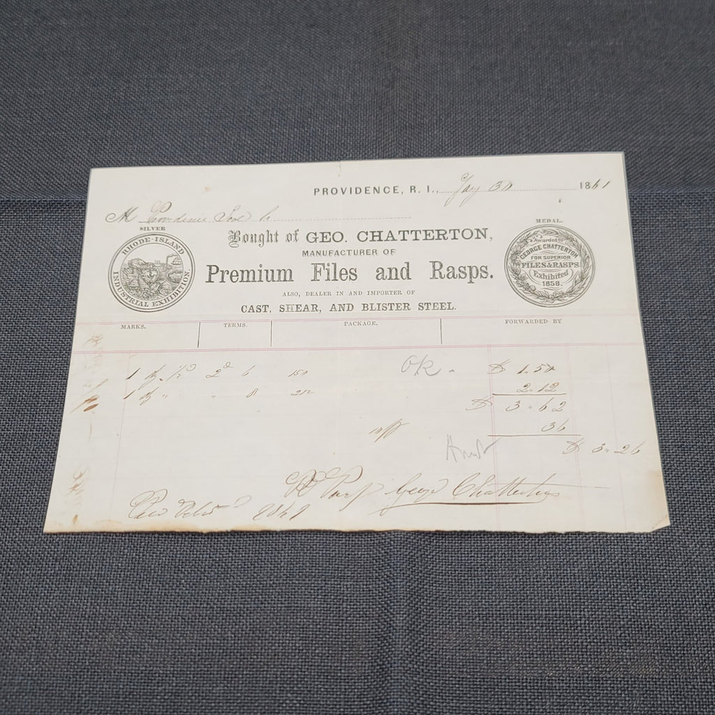 1861 Receipt for tools Geo Chatterton Files Rasps Rhode Island USA Antique
