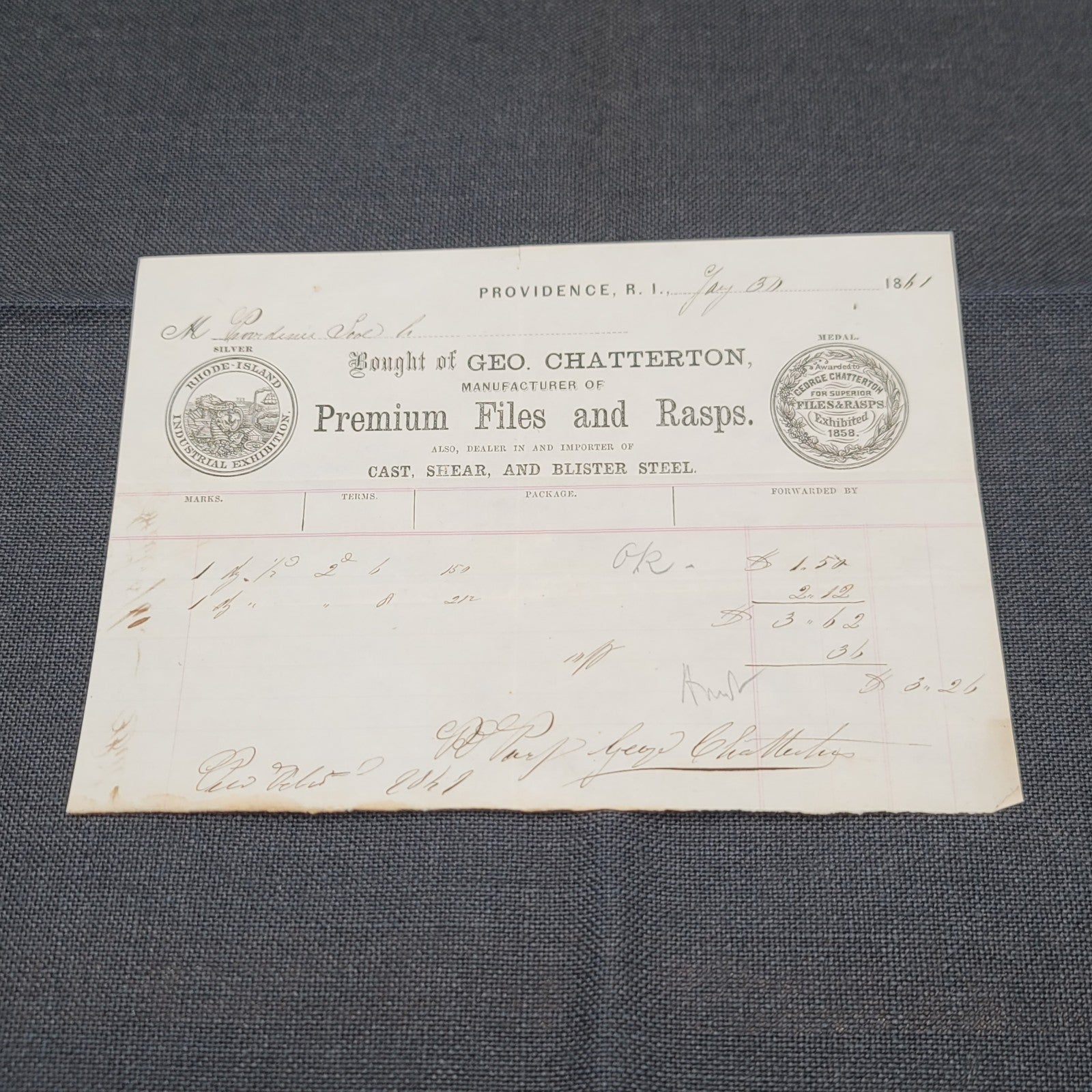 1861 Receipt for tools Geo Chatterton Files Rasps Rhode Island USA Antique