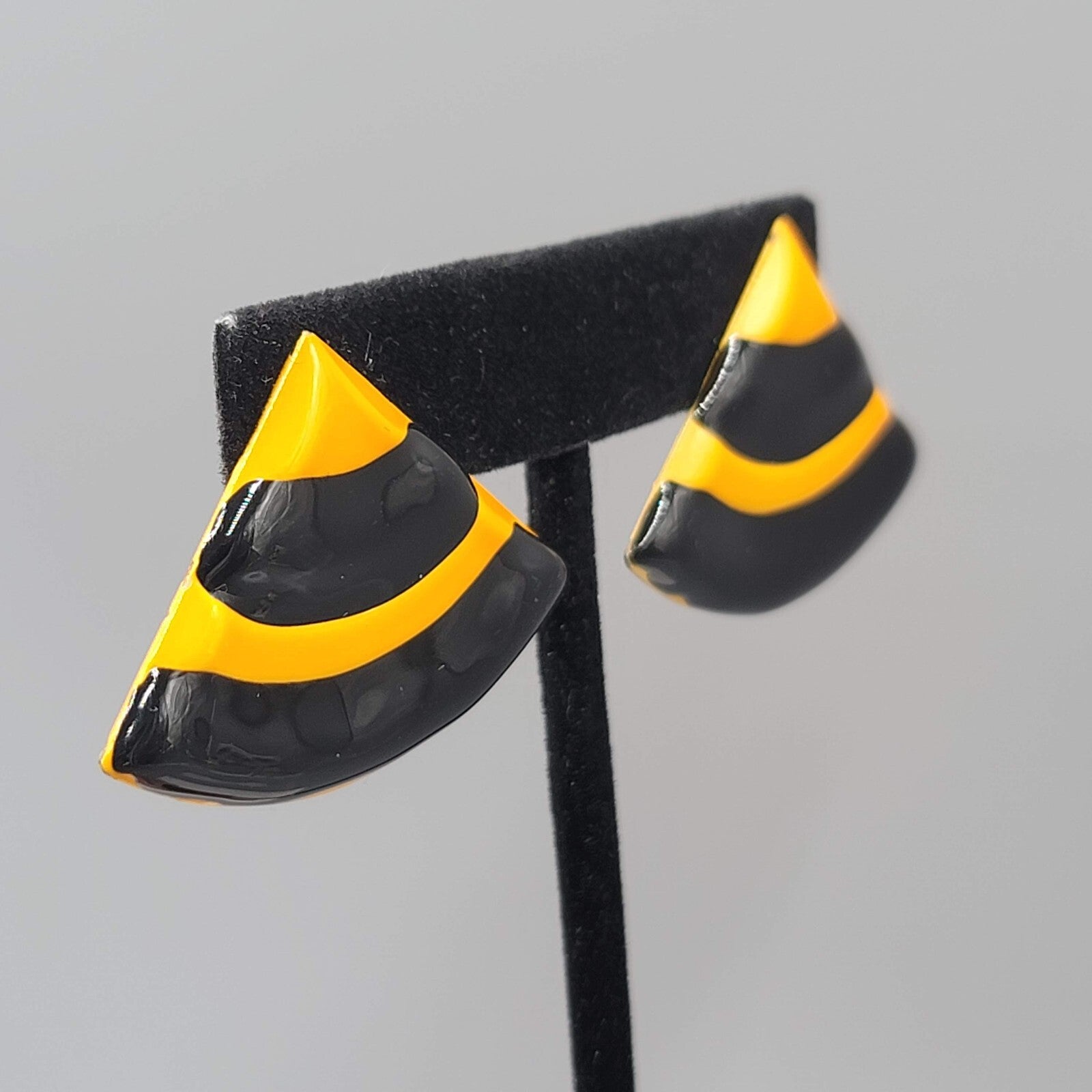 Vintage Pierced Earrings Yellow Black Enamel Triangle Drop Statement 80s 1 1/8"