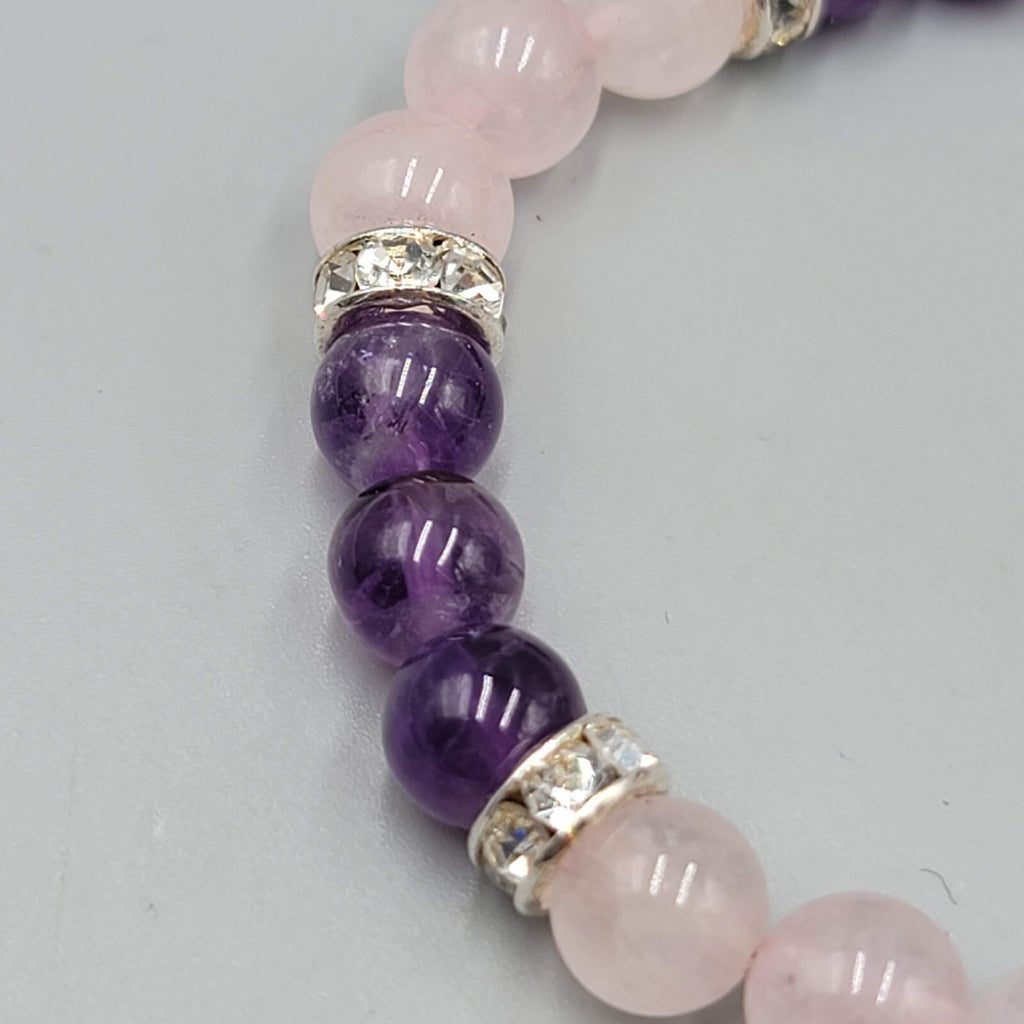 Pink Quartz and Amethyst Bead Bracelet Elastic Rhinestone Spacers Heart Charm