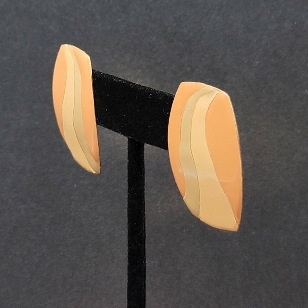 Vintage Pierced Earrings Peach Tan Gray Enamel Rectangle Drop 1 3/8"