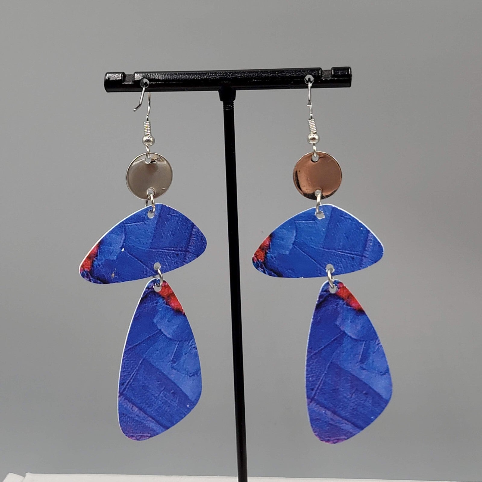 Long Statement Pierced Earrings Silver tone Blue Geometric Statement Dangle 3"