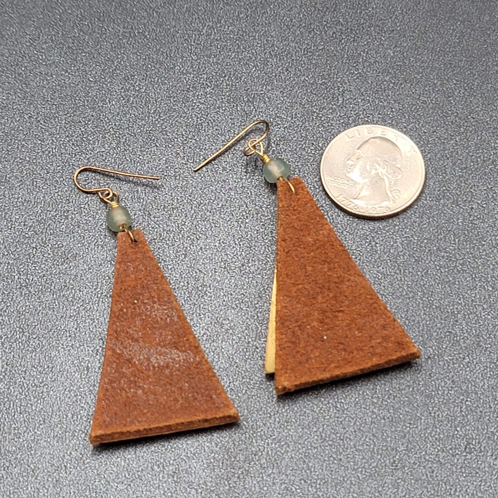 Vintage Artisan Pierced Earrings Leather And Brass Triangle Dangle  2.5"