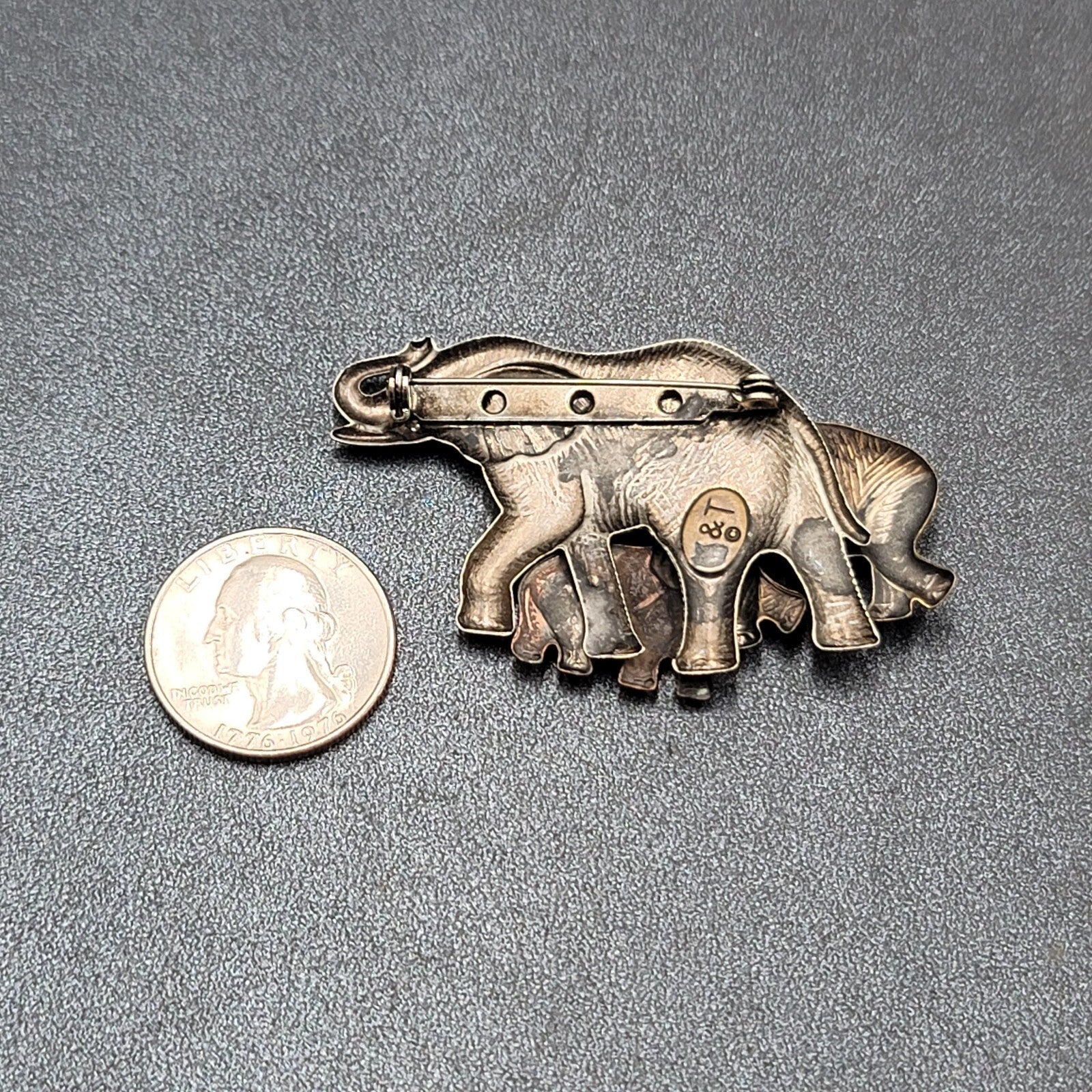 Vintage K & T Elephants Brooch Pin Copper Brass Silver Tone Modern Signed