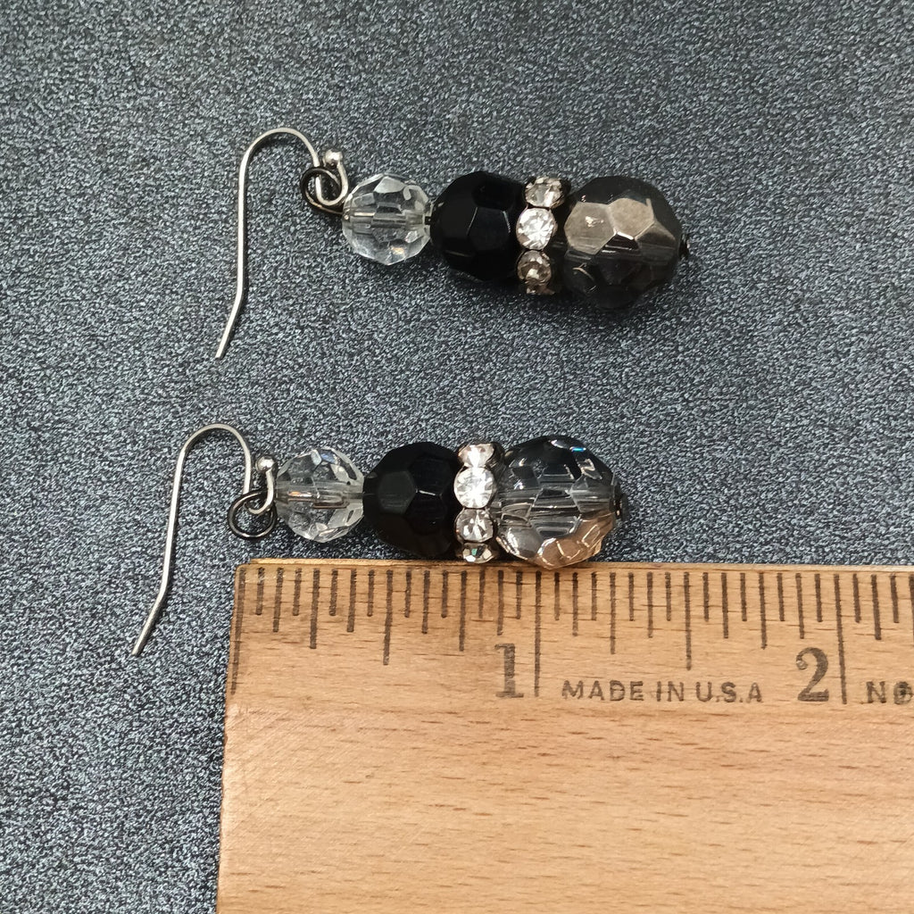 Pierced Earrings Faceted Glass Beaded Silver tone Rhinestone Dangle 1 1/4"