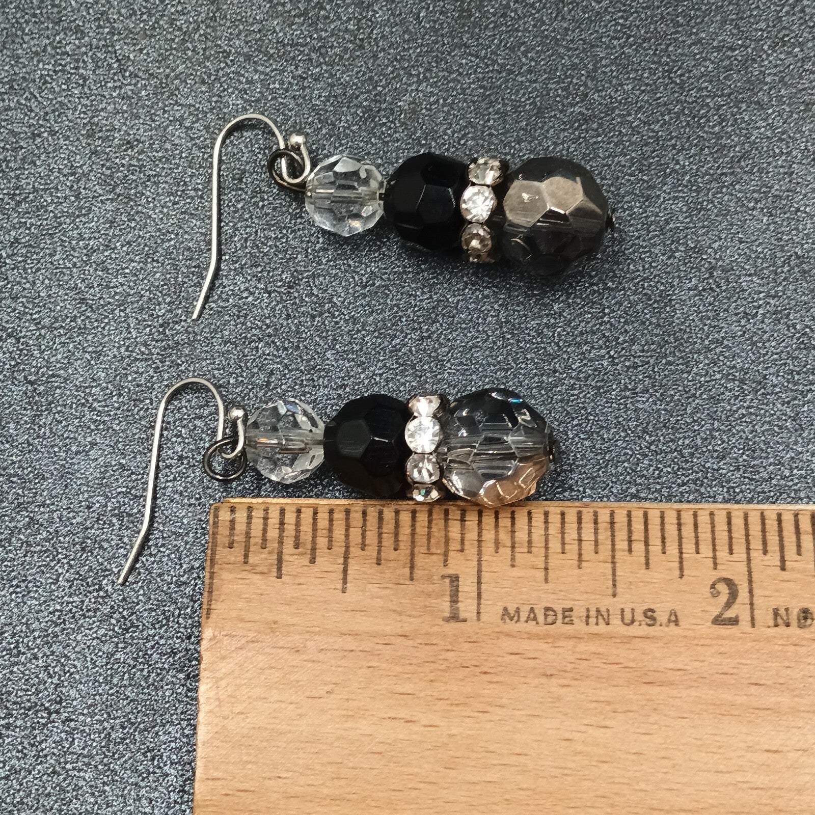 Pierced Earrings Faceted Glass Beaded Silver tone Rhinestone Dangle 1 1/4"