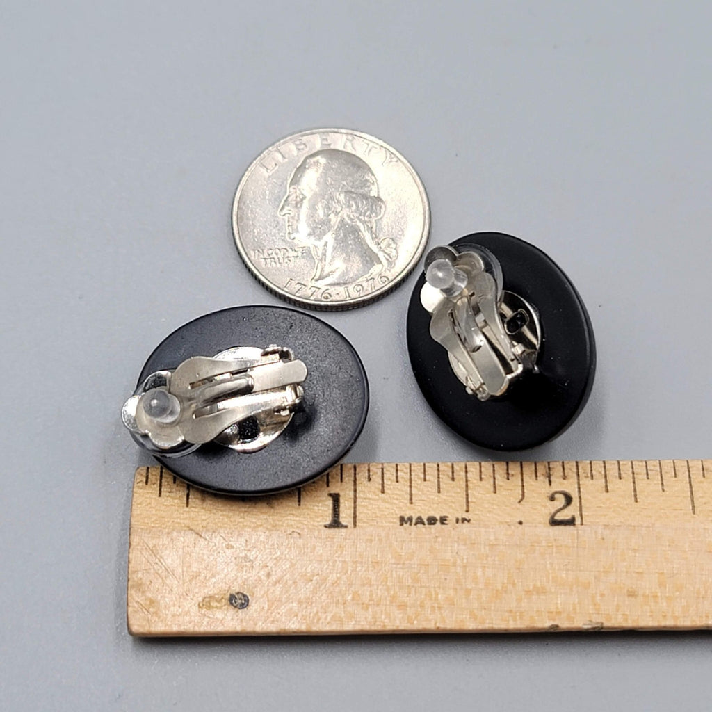 Vintage Black Oval Drop Clip on Earrings White Edge 1"