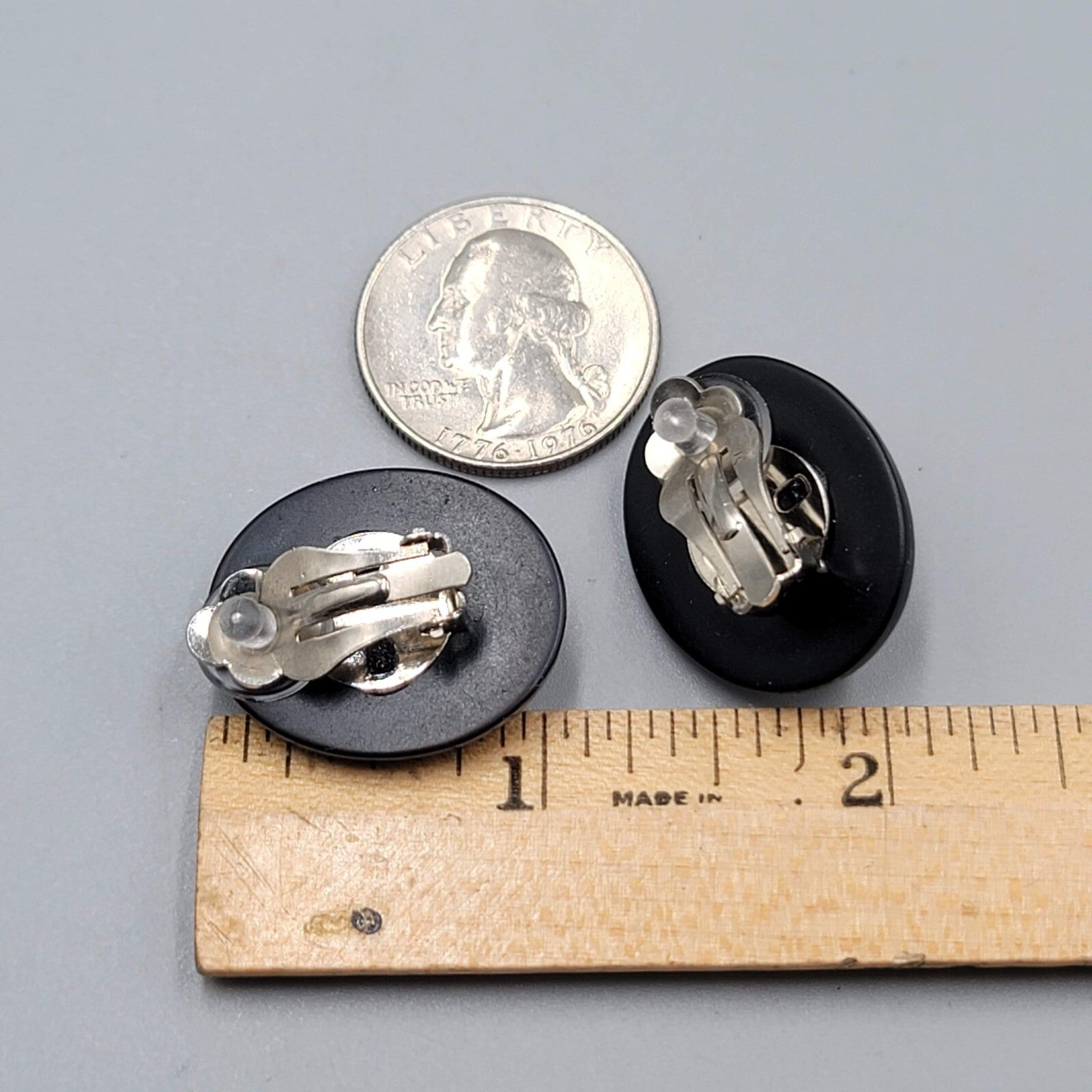 Vintage Black Oval Drop Clip on Earrings White Edge 1"