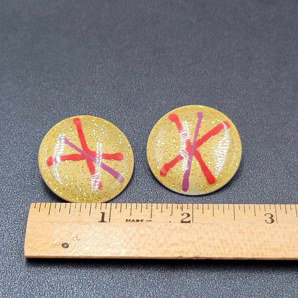Vintage 1980s Pierced Earrings Glitter Enamel Red Purple Gold Disc Drop 1 1/8"