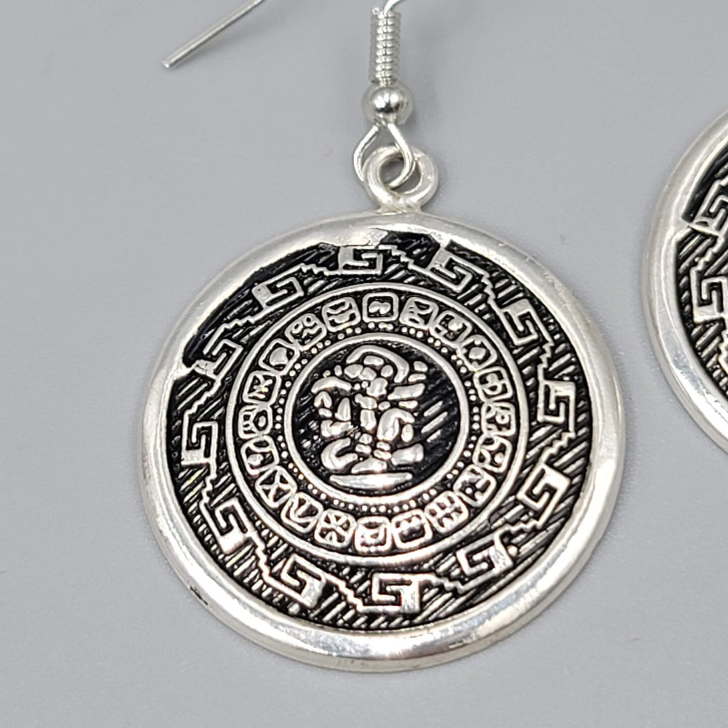 Mexico Mexican Motif Pierced Earrings Round Silver tone Dangle 1.25"