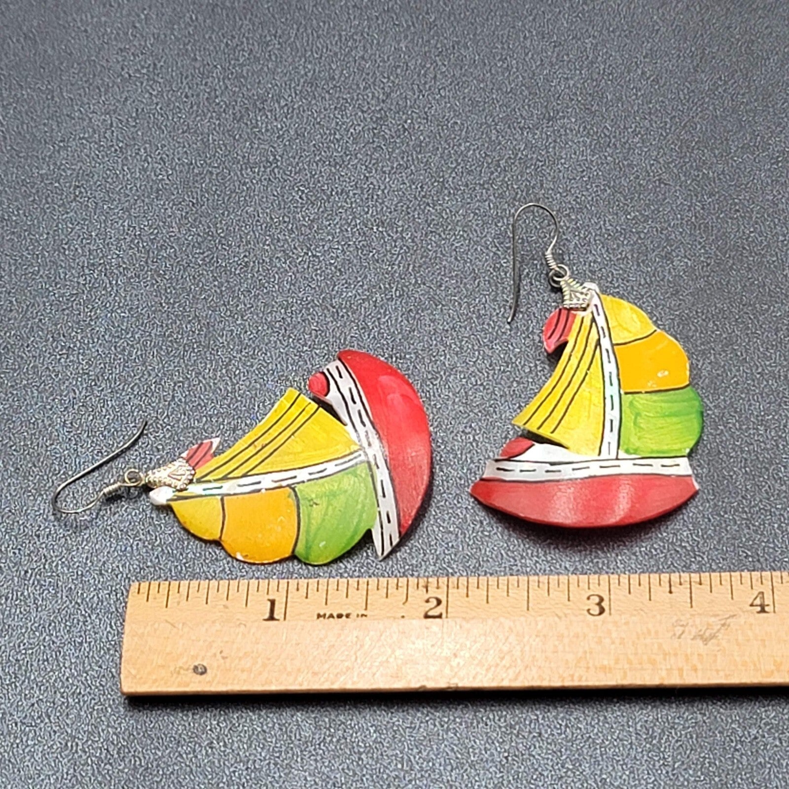 Vintage Sailboat Pierced Earrings Hand Painted Mother of Pearl Carved Shell 2"