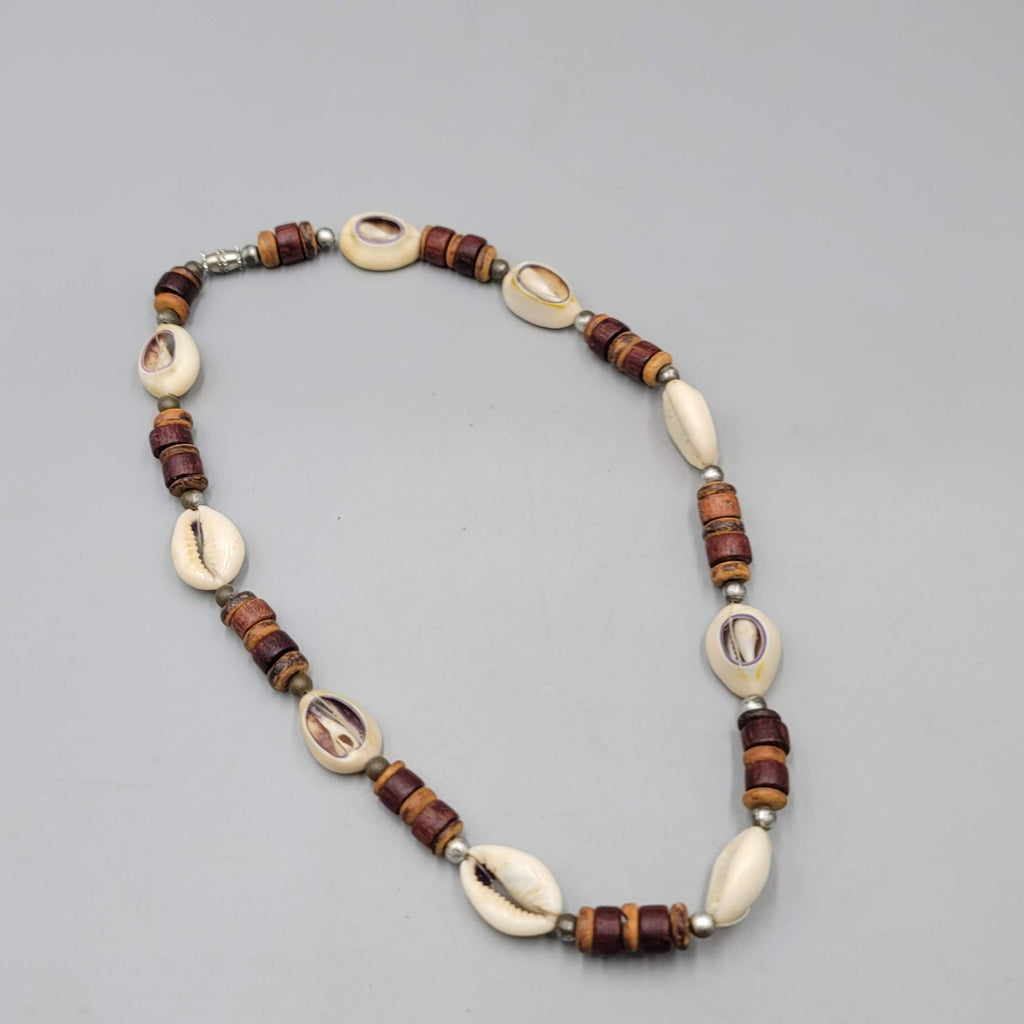 Vintage Seashell Wood Bead Necklace Men Women Unisex Beach Theme 18 in