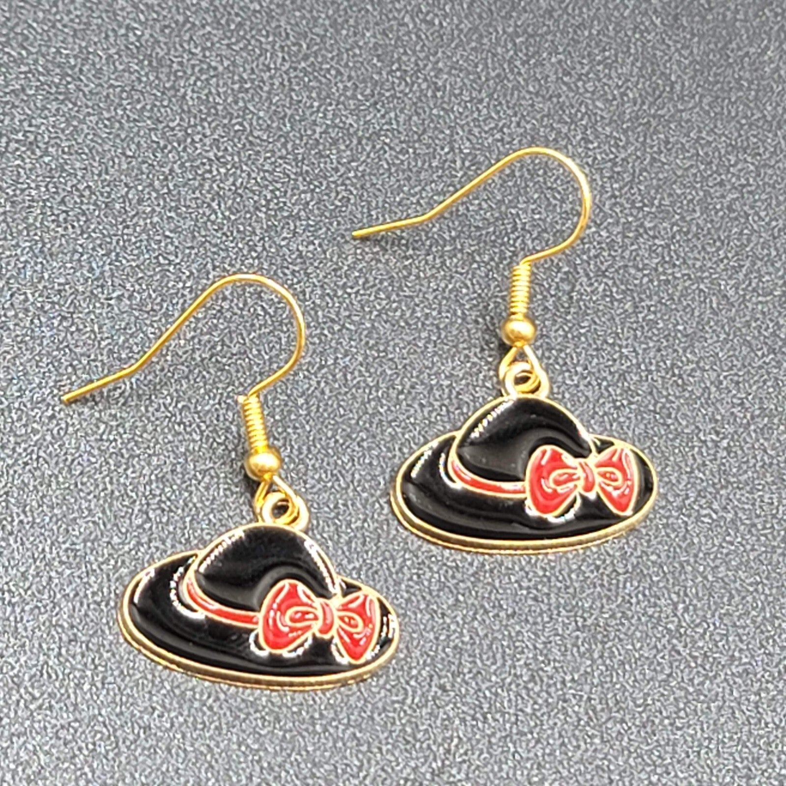 Hat Pierced Earrings Gold tone Red Black Enamel Dangle 5/8"