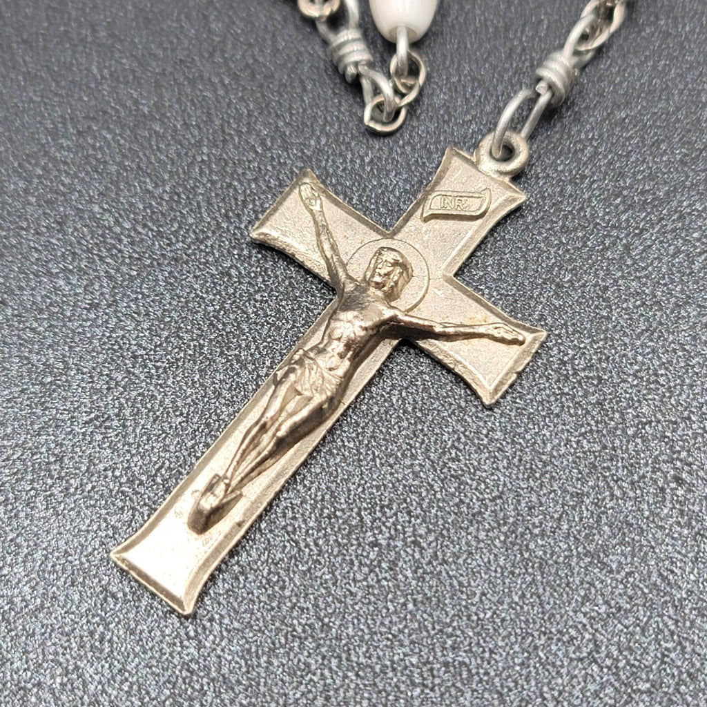 Vintage White Bead Catholic Rosary Crucifix Silver tone