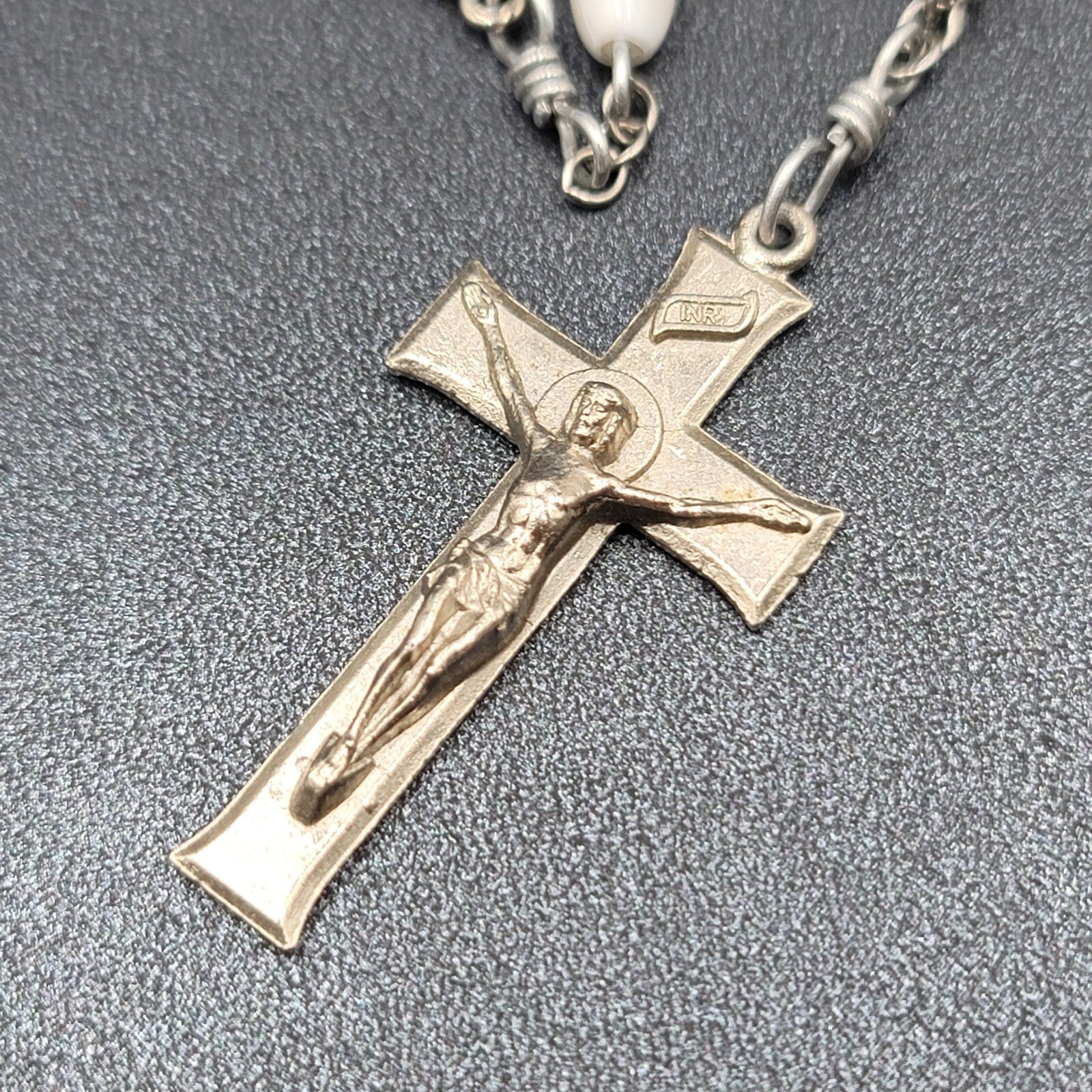 Vintage White Bead Catholic Rosary Crucifix Silver tone