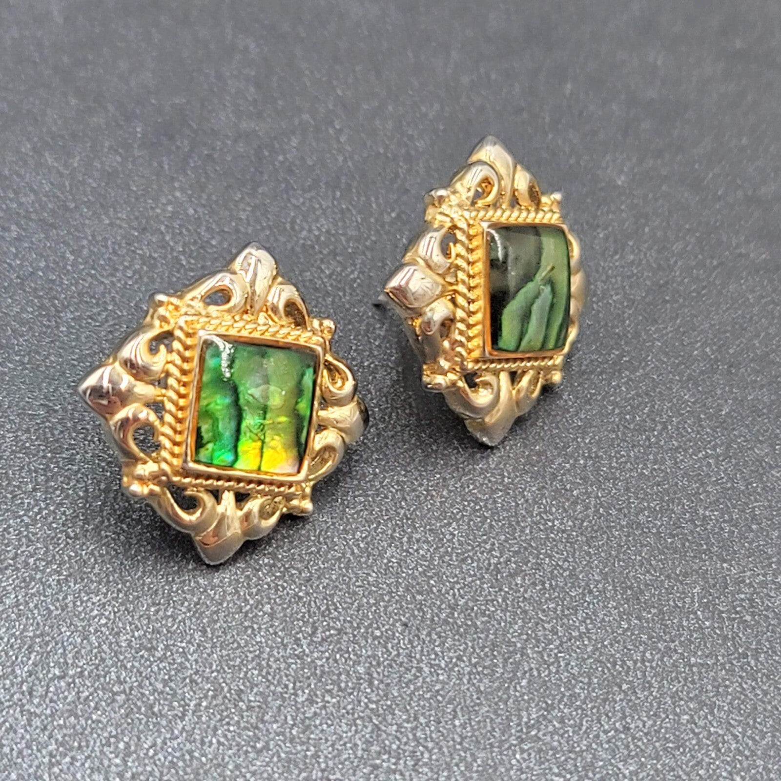 Vintage Pierced Earrings Gold tone Ornate Square Faux Abalone Stud 7/8"